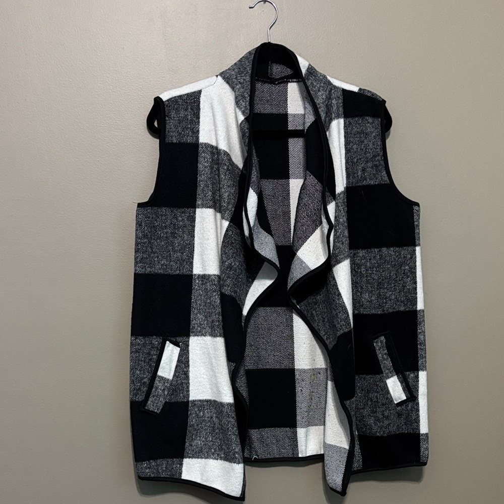 Black and White Plaid Open Vest